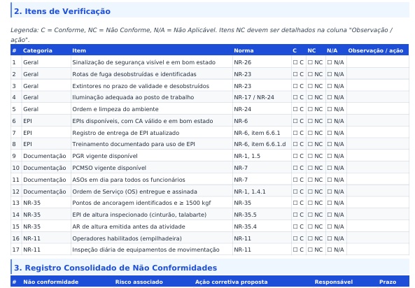 Prévia do exemplo de Checklist